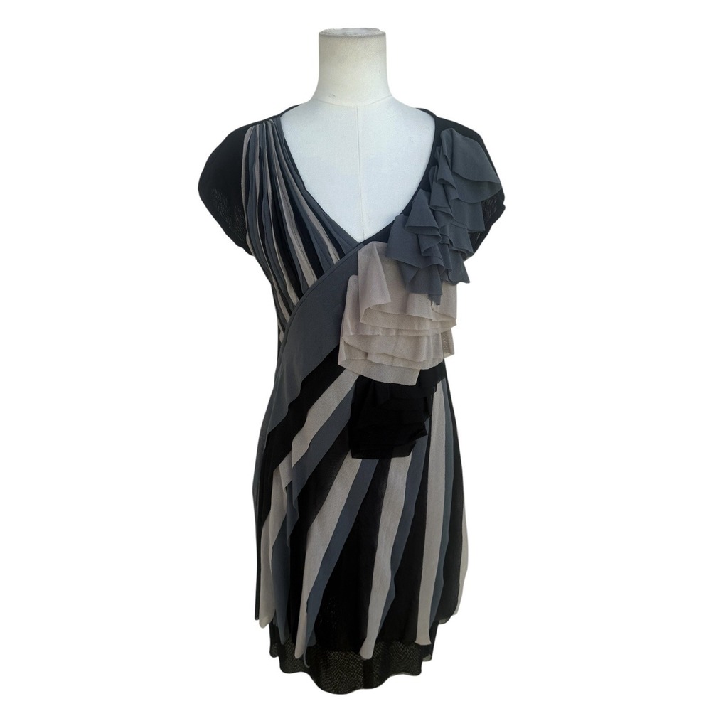 Petit Pois by Viviana G Mesh Ruffle Dress L Gray Black USA Made Cocktail Travel